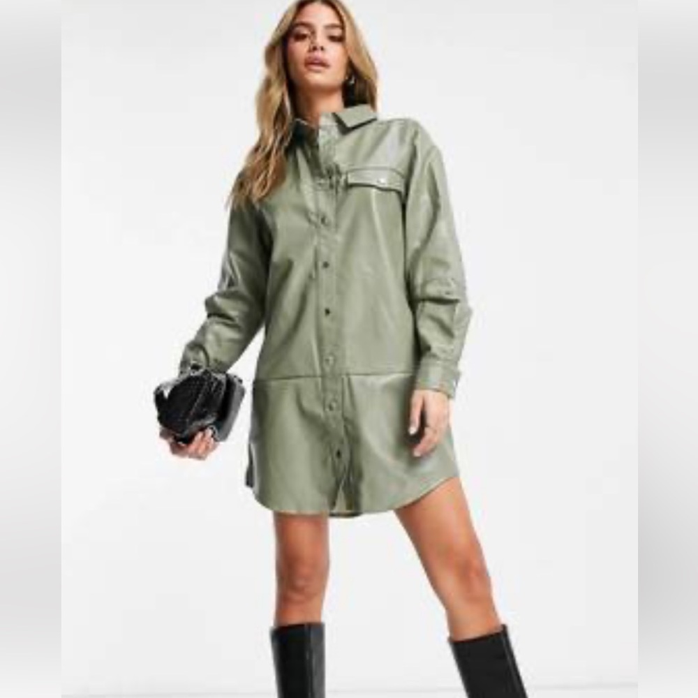 Missguided Faux Leather Shirt Dress in Sea foam Green Size 8 US, UK 12